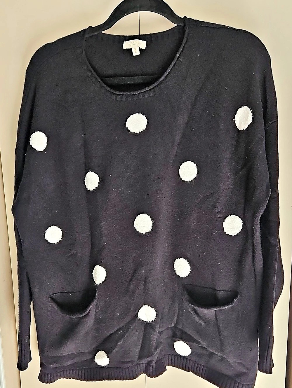 Laura Petites Polka Dot Crewneck Knit Sweater in Black & White Size XL Ptp25 L26